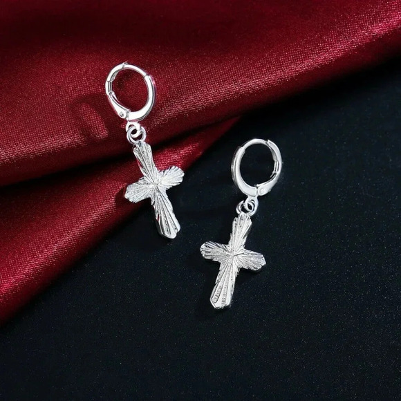 925 Sterling Silver Cross Hoop Drop Earrings - Picture 3 of 3